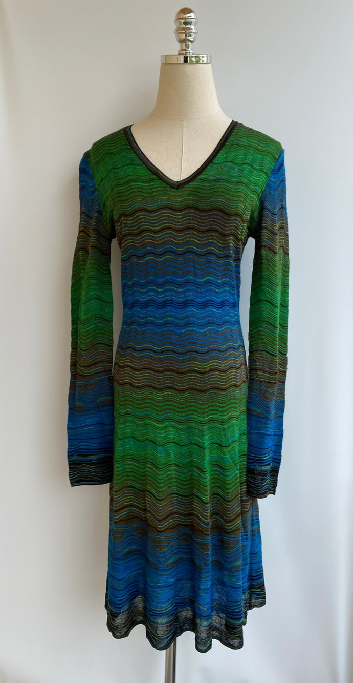 Vintage 90s Missoni Abstract Viscose Wool Blue Green Zig Zag Dress 46 US 10